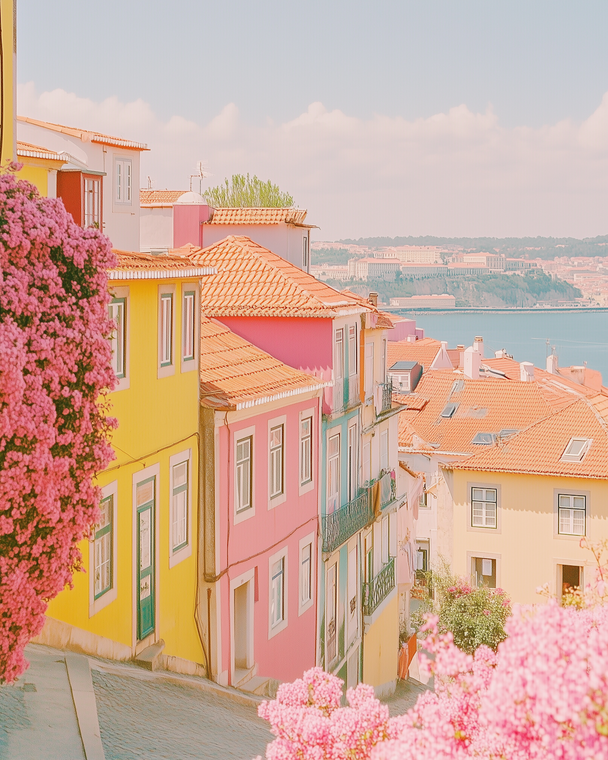 Pastel houses with terracotta roofs and flowers along a quiet village waterfront