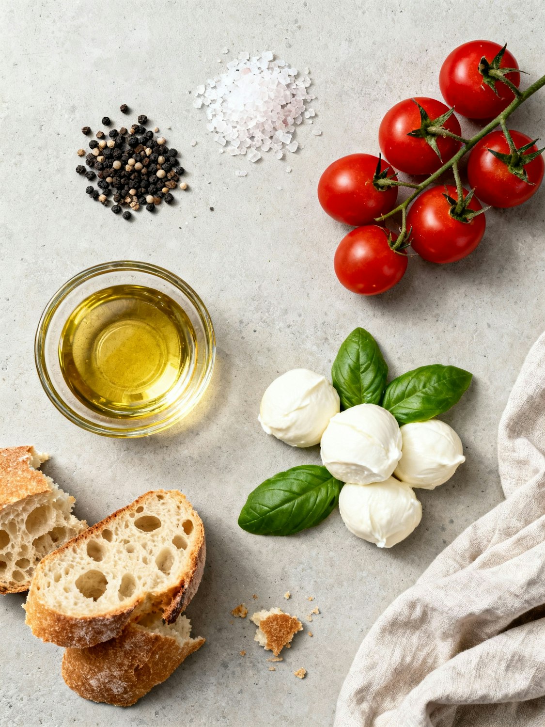 Tomatoes, mozzarella, basil, olive oil and bread arranged on a light surface