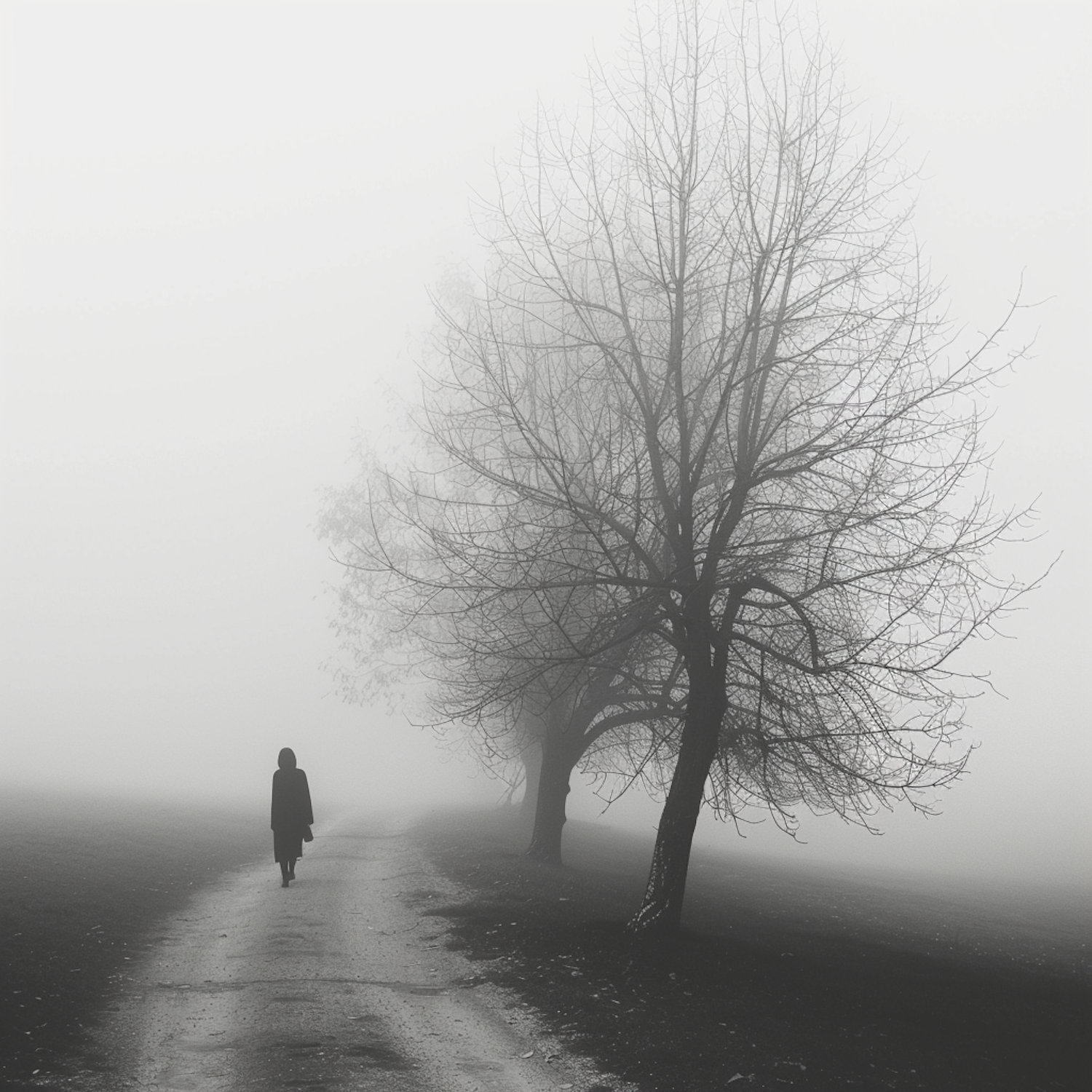 A person walking a narrow path lined with trees in soft morning fog