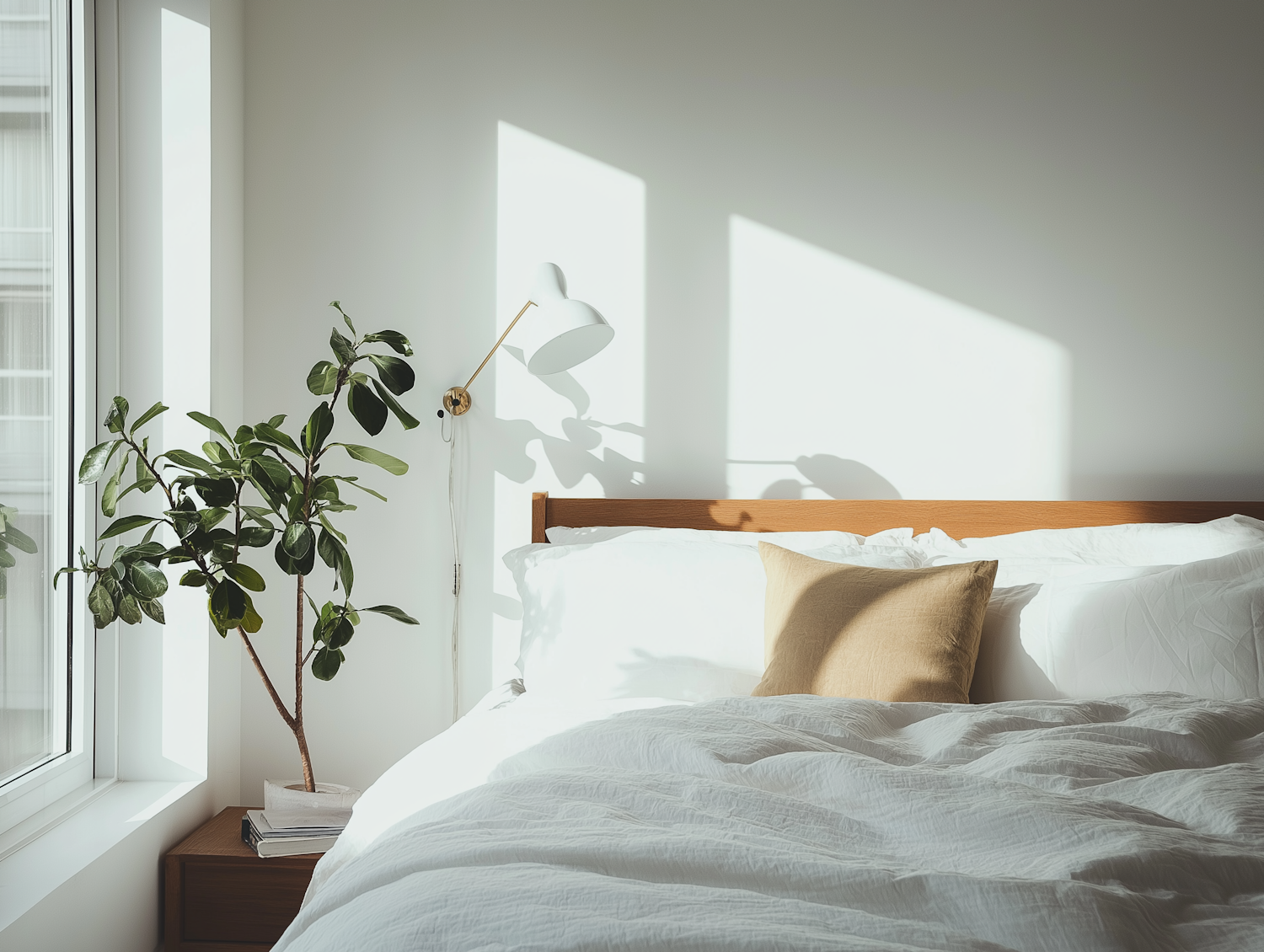 Garden Room with a low bed, potted plants and sunlight falling through a tall window