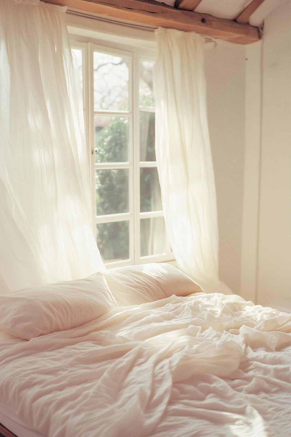 Terrace Loft under exposed wooden roof beams with white bedding and a tall bright window